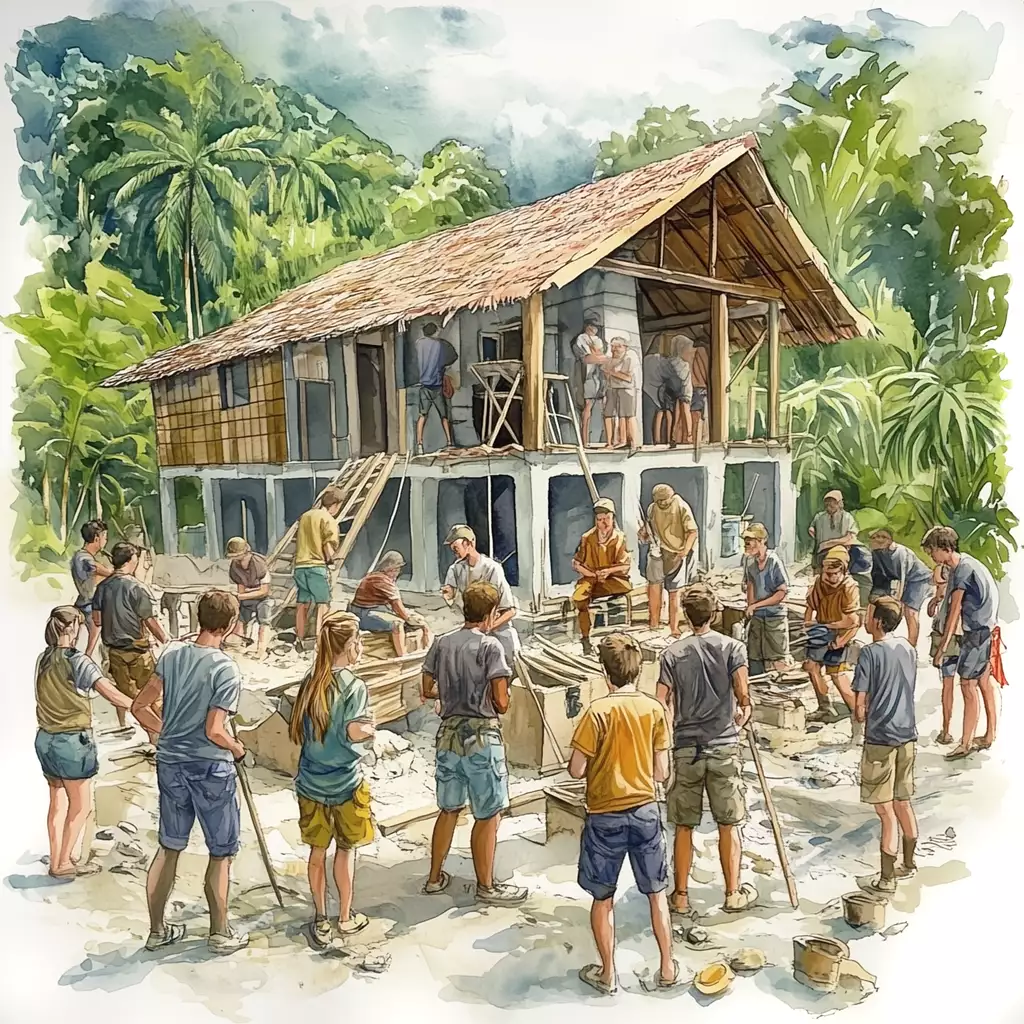 Terrassenhaus mit Schülern auf der Terrasse