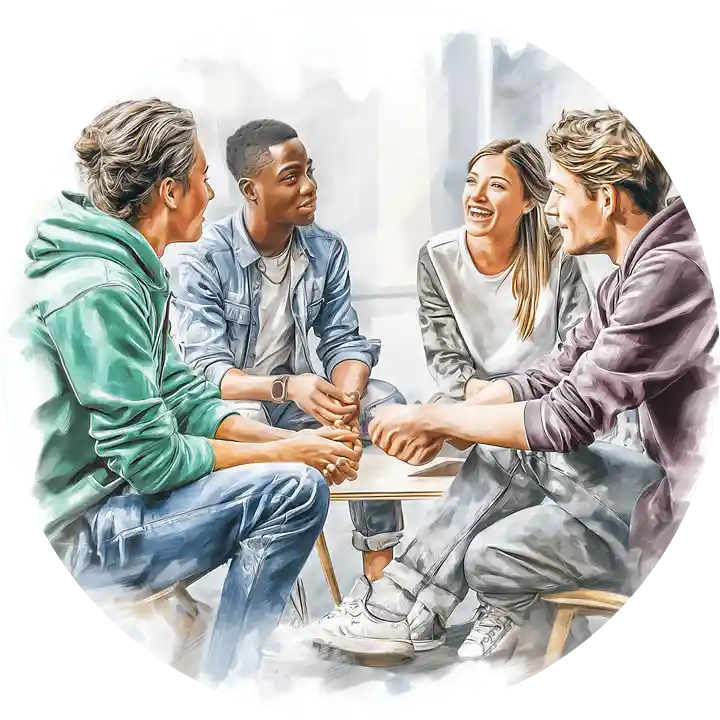 Drei Schülerinnen und ein Schüler sitzen mit gekreuzten Beinen zusammen