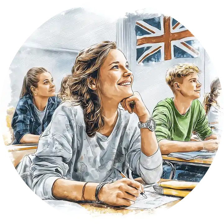 Eine Schülerklasse im Klassenzimmer vor aufgeschlagenem Lehrbuch